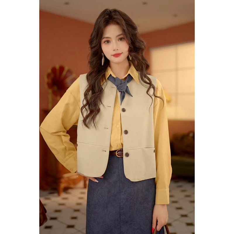 玫瑰【万里无云】秋季港风复古纯色无袖马甲显瘦马夹 R072343