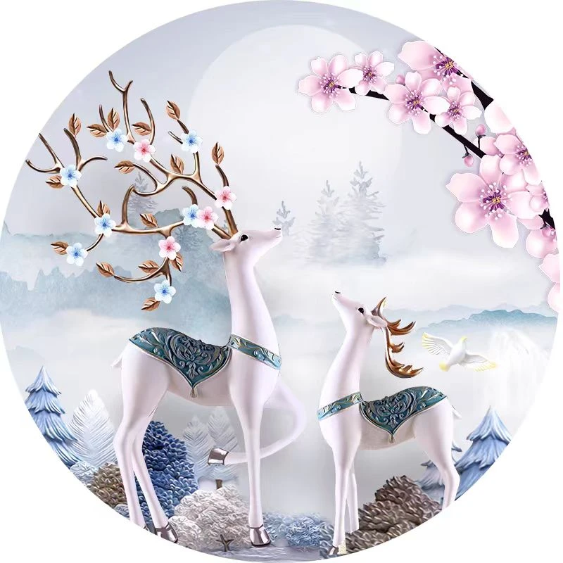 带灯led轻奢简约圆形麋鹿发财树客厅餐厅装饰壁画大气石来运转