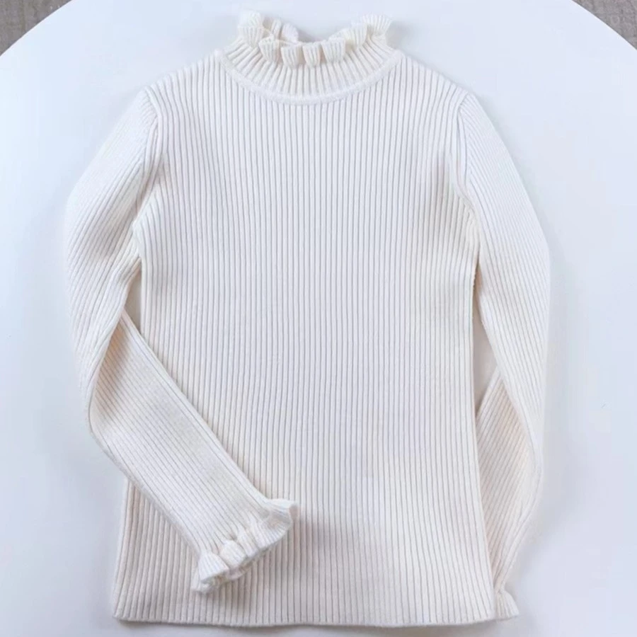 女童时尚花边领中大童修身童装打底毛衣百搭针织衫上衣纯色打底衫