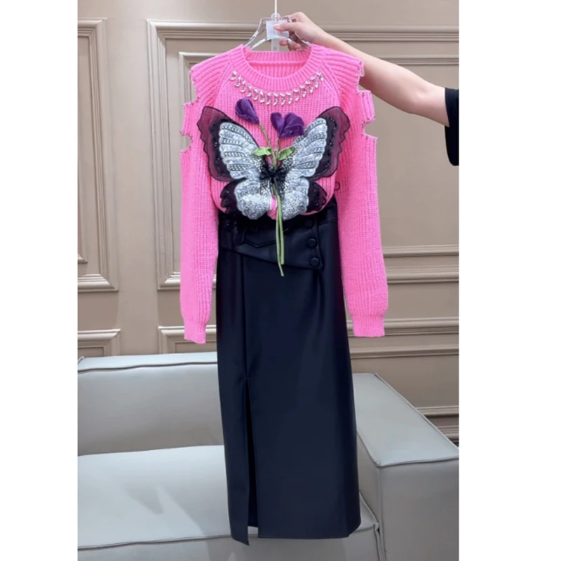 芙娜妮针织衫毛衣上衣外搭设计感圆领套头半身裙女两件套F2431305