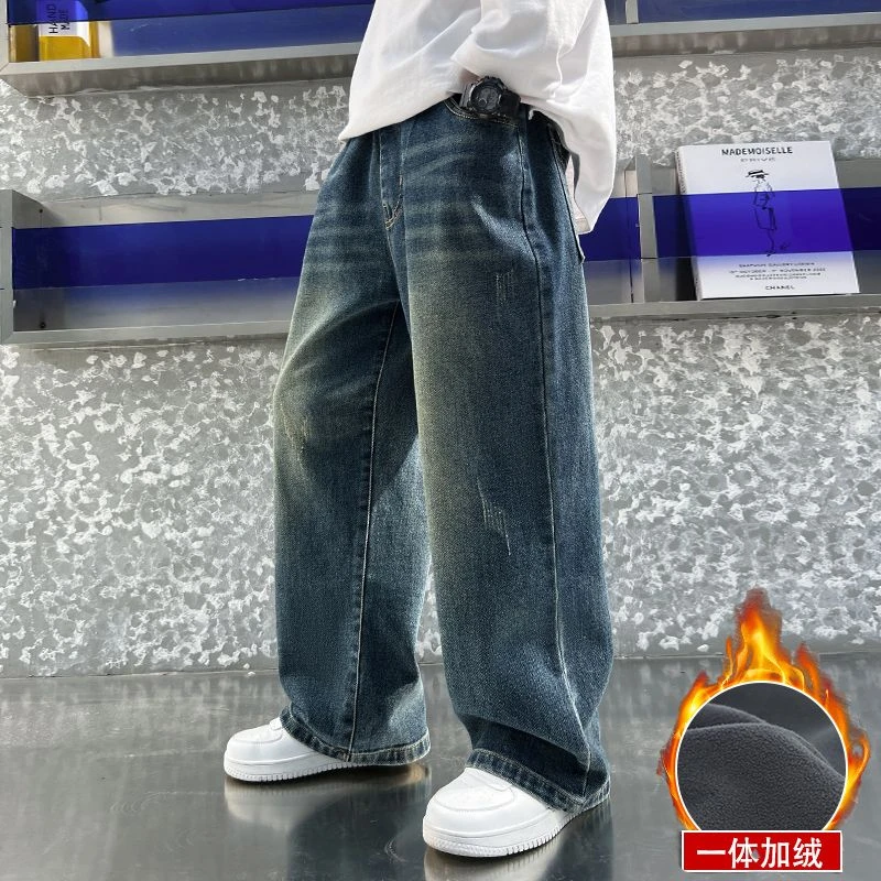 儿童装男童冬装裤子新款中大童秋冬款男孩冬季女童一体加绒牛仔裤