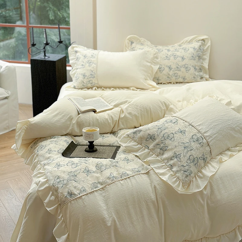 a类法式花边蝴蝶结公主风四件套 纯色水洗棉少女心床品被套床单