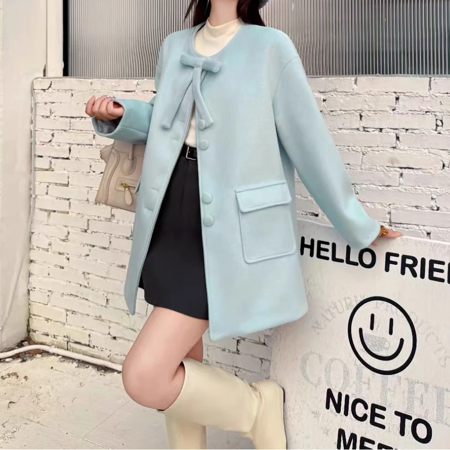 衣源A376小香风中长款呢大衣女秋冬气质时尚毛呢外套(衣长75左右）