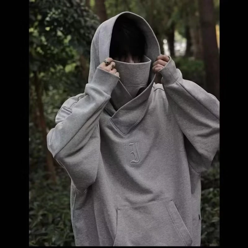 加绒韩版慵懒风重磅美式机能社恐卫衣春秋高领连帽黑色绒衫休闲