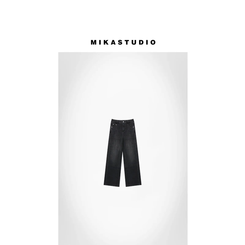MIKASTUDIO/24秋侧缝拼接黑灰色阔腿休闲裤【55.4%棉】ABXZ1781