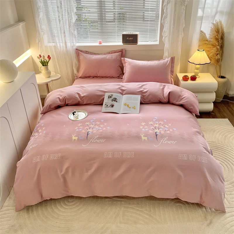 【蝶花清梦】四季款全棉四件套轻奢简约被罩印花荷叶边圆角斜纹棉