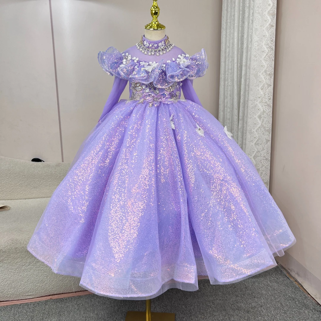 【紫蝶幽兰】女童主持人晚礼服演出服紫色亮片高端定制儿童礼服