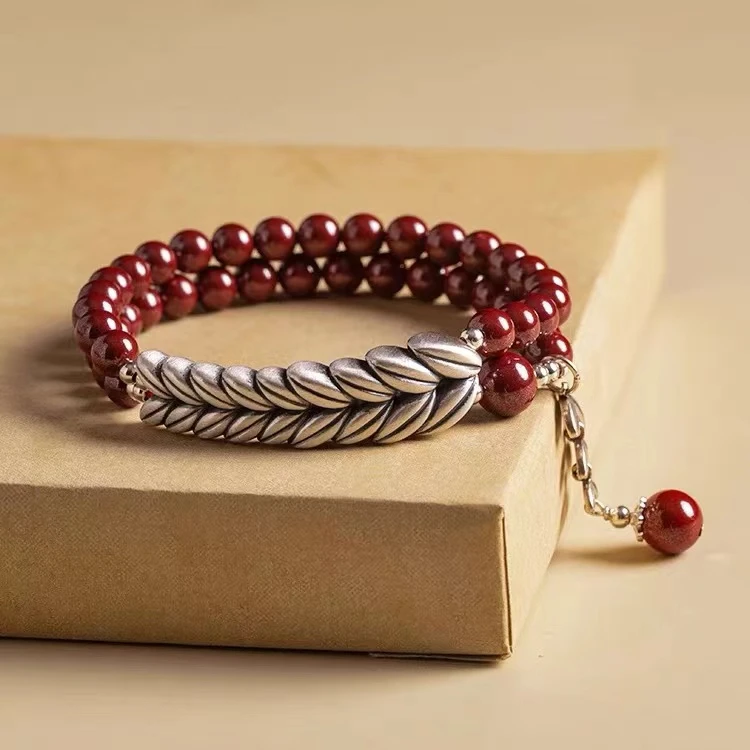 含辰砂工艺品朱砂搭配丰收麦穗双圈岁岁平安手串手链