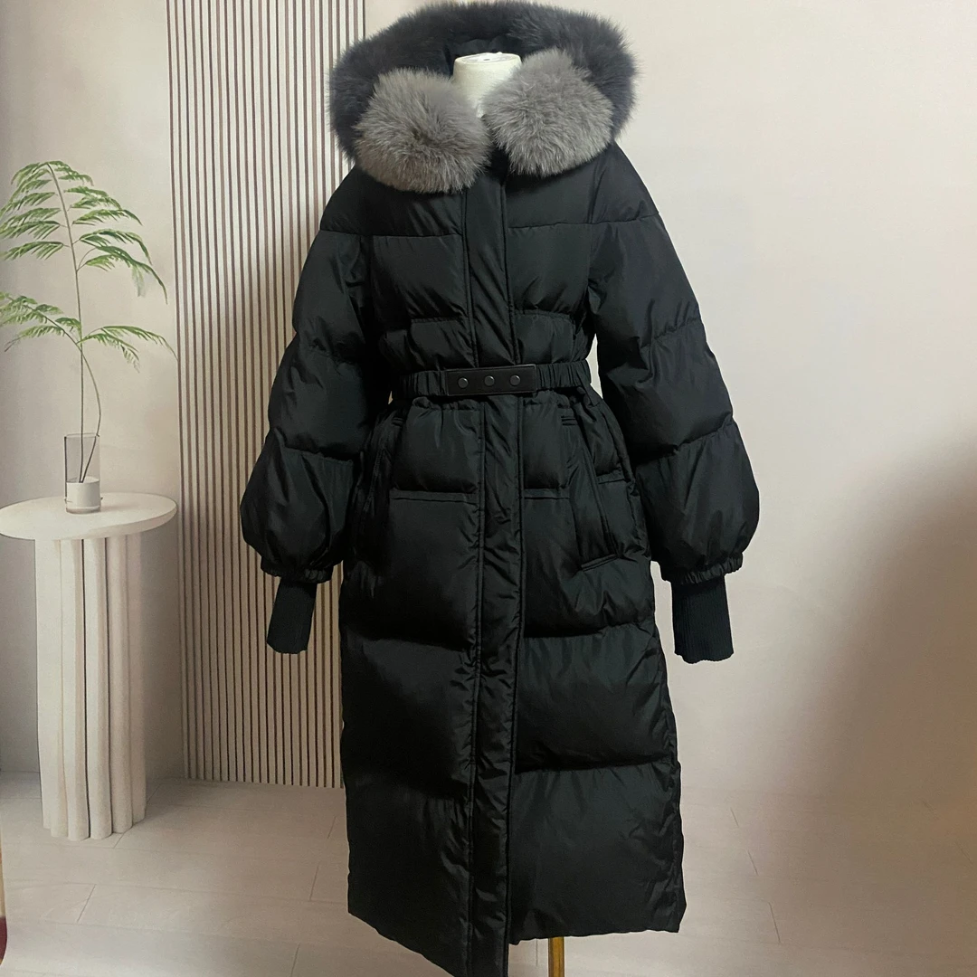 双色狐狸毛领八零长款鹅绒羽绒服