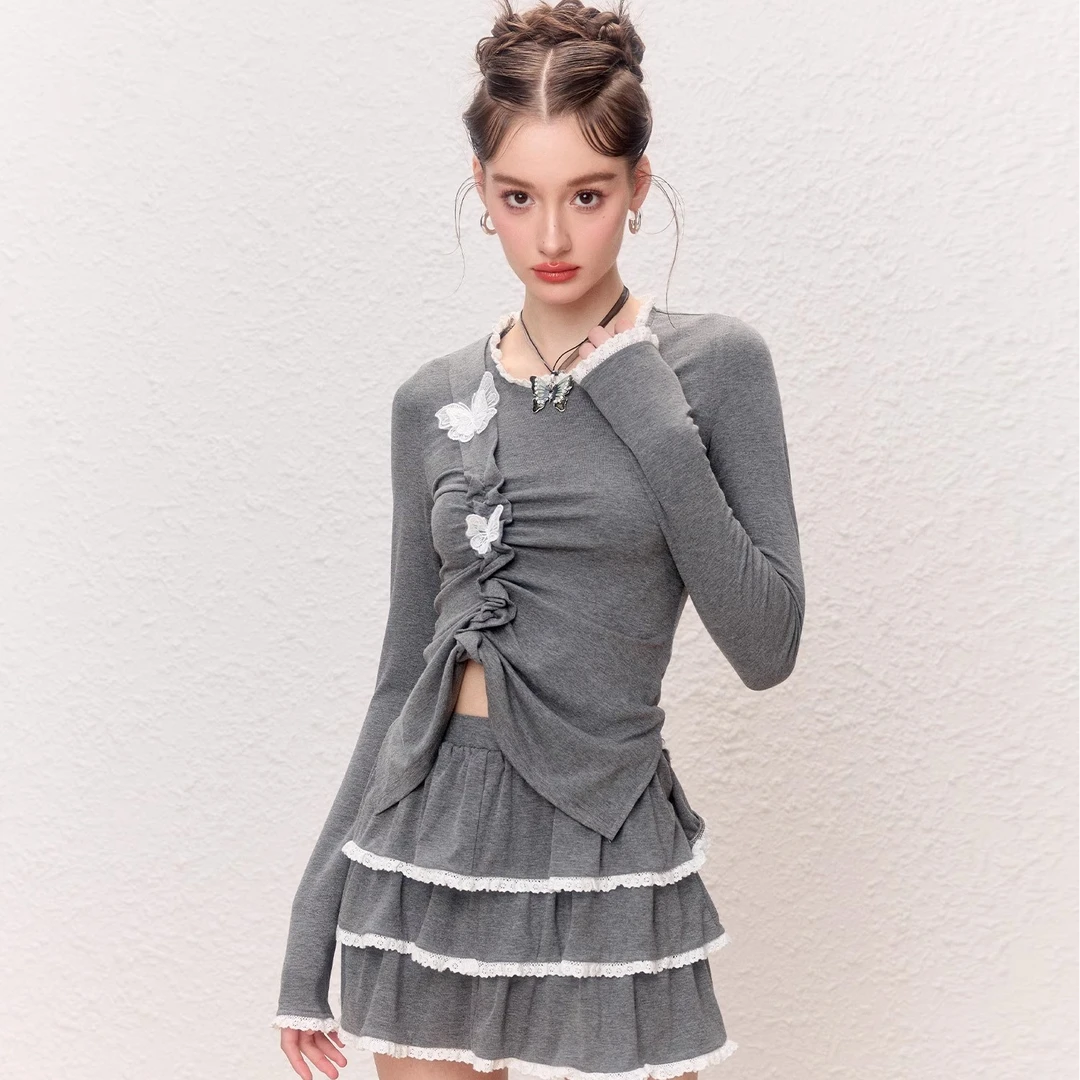 Les Fortes/23AW 原创蝴蝶刺绣抽褶针织衫蕾丝木耳边拼接半裙套装