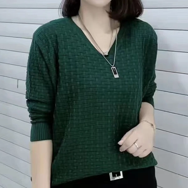 春季大码女装长袖针织衫中年妈妈加肥加大V领慵懒风纯色宽松上衣