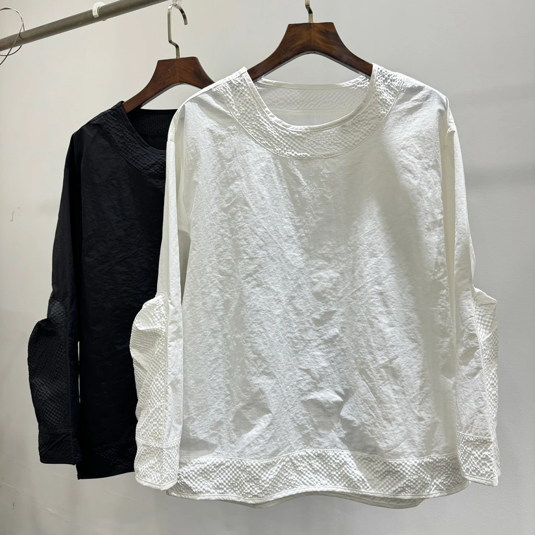 秋季新款休闲时尚白色拼接圆领长袖套头衫男士港风潮牌宽松上衣