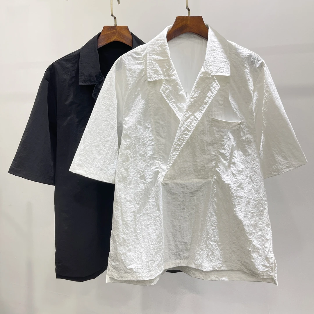 现货时尚百搭小众气质西装领套头宽松短袖潮流男士纯色T恤上衣服