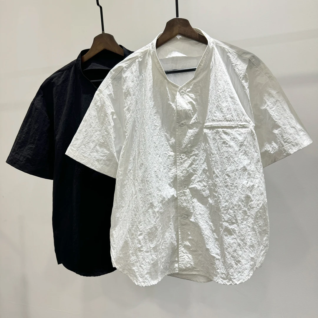 现货夏季休闲高级感显瘦宽松立领短袖衬衣潮牌INS百搭衬衫上衣