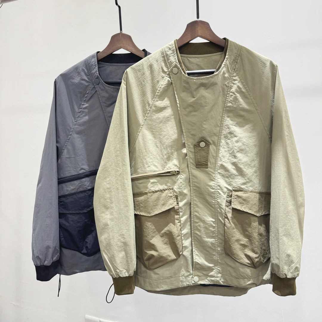 男士口袋抽绳户外拼接撞色长袖飞行夹克2024新款潮牌INS宽松外套