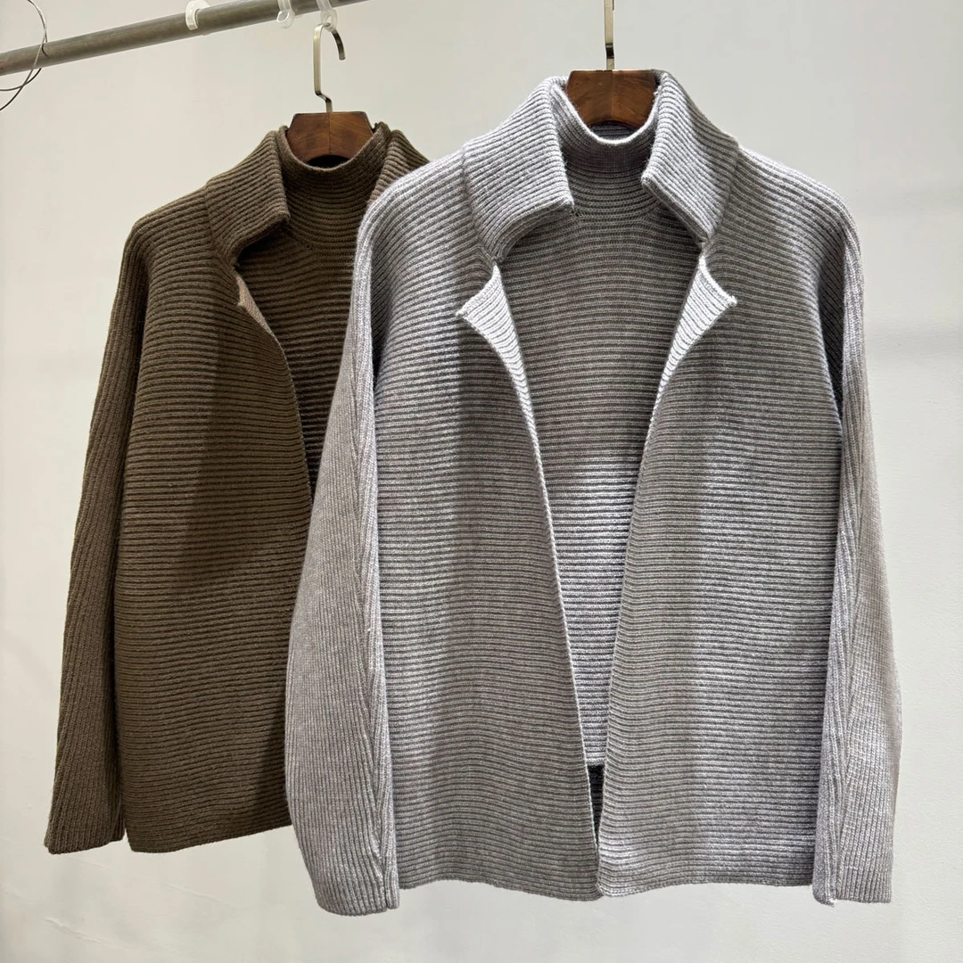 真两件套男士简约设计感慵懒针织半高领开衫潮牌休闲背心毛衣套装