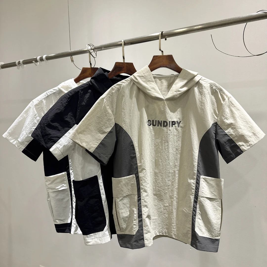 时尚拼色大口袋连帽短袖体恤潮流INS男士夏季拼接撞色宽松上衣T恤
