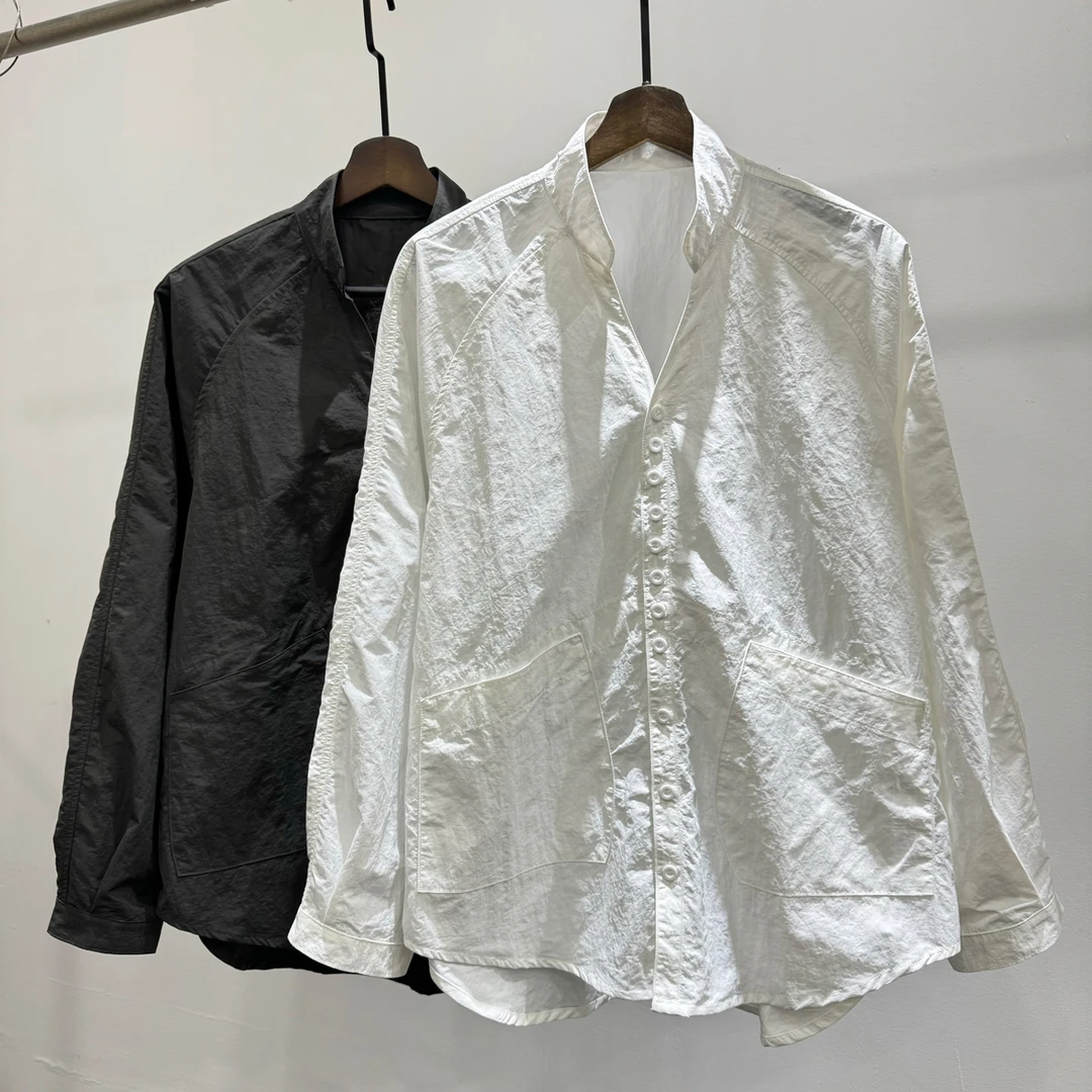 男士秋季新品简约时尚小众气质立领长袖衬衫潮牌韩版休闲宽松上衣