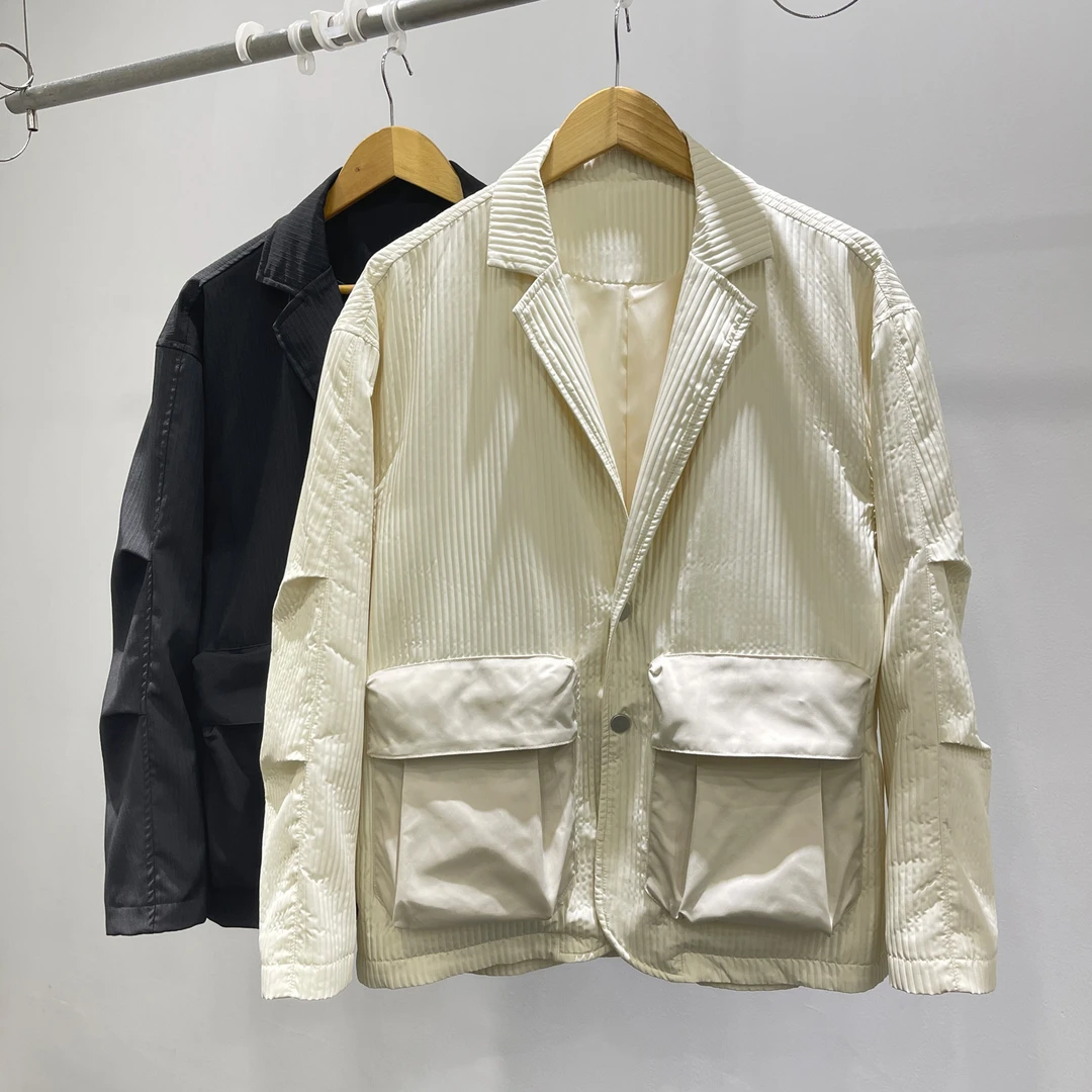 现秋季男士潮流时尚宽松西装外套简约设计师大口袋长袖褶皱夹克