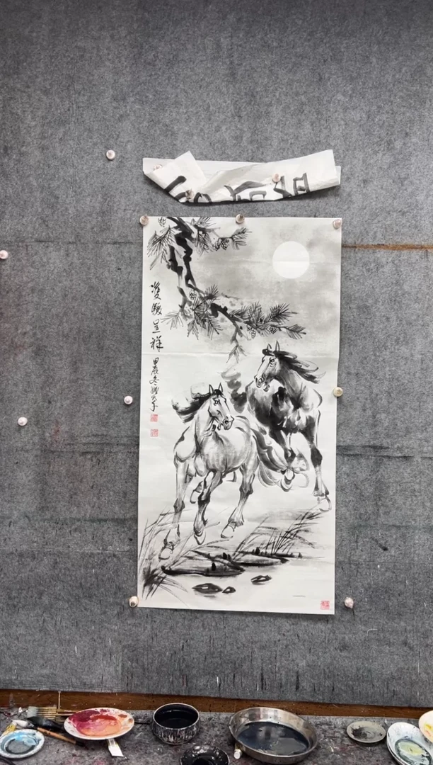 【闪购商品】纸本68x138双骏呈祥 带轴