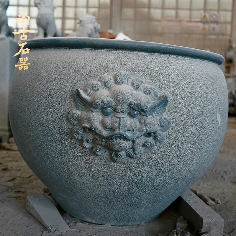 尚古石器 天然青石手工双兽头门海雕刻摆件 中式玄关 庭院摆件