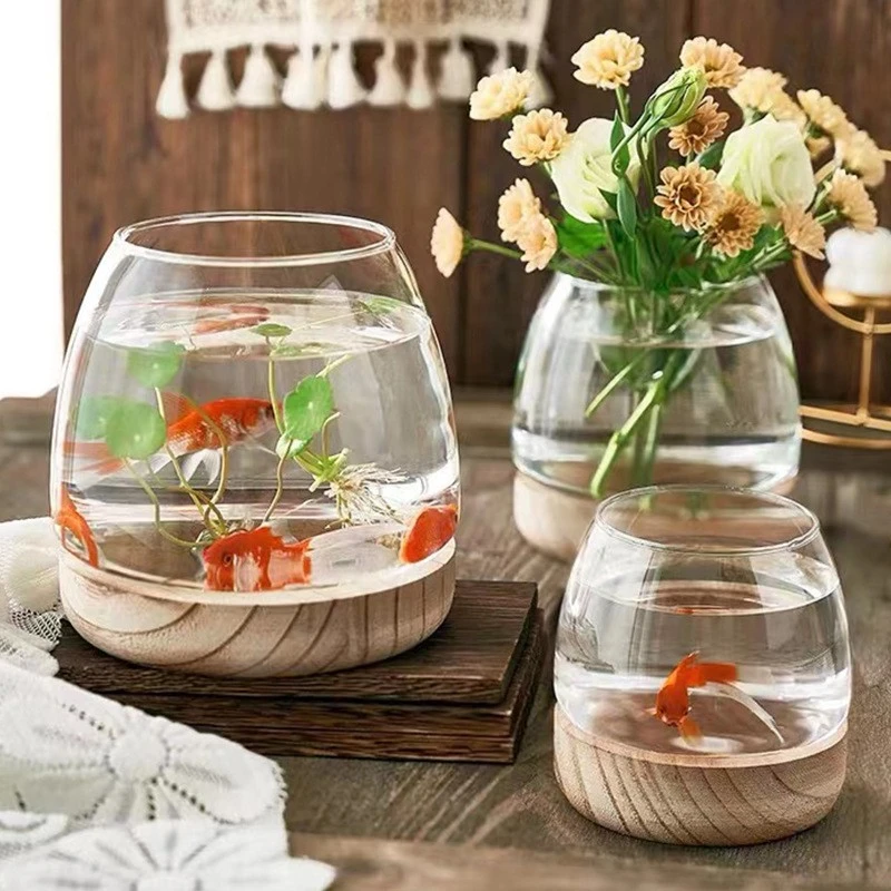 透明玻璃鱼缸创意圆形办公室木托斗鱼缸小型客厅家用生态小金鱼缸