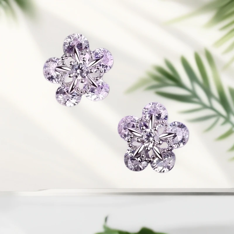 铜合金耳饰 樱花耳钉饰品，精致百搭气质简约镶嵌精美