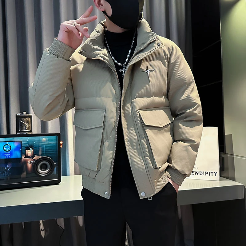 潮牌痞帅工装外套男冬款休闲立领羽绒棉服2024新款男士冬季棉袄子