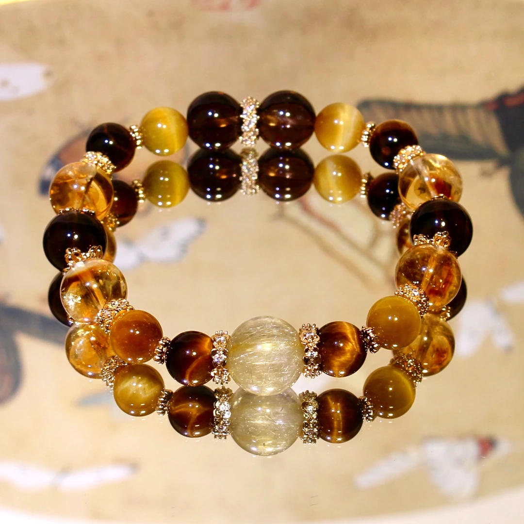 水晶金霸天然水晶手串金霸手串天然金手链串珠紫水晶黄水晶