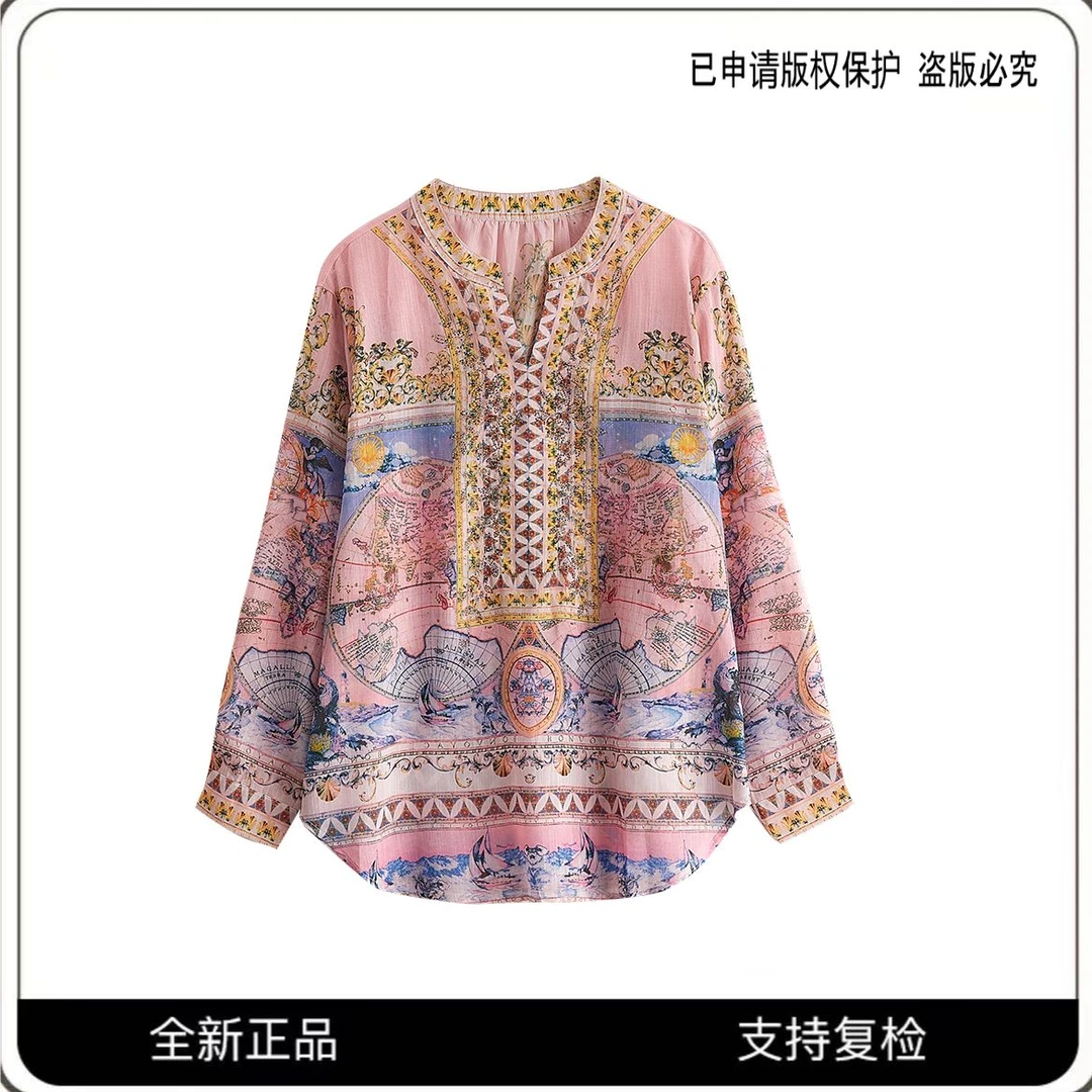 【大发专属】现代风V领显瘦遮肚印花拼色碎花衬衣
