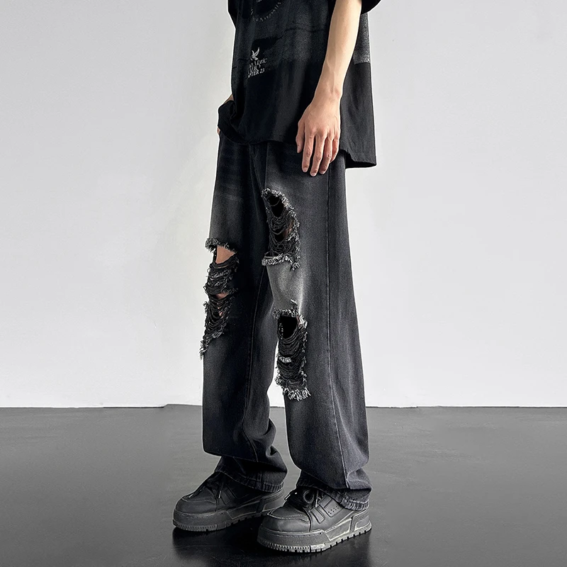 美式高街vibe破洞牛仔裤男士夏季薄款直筒潮牌休闲拖地宽松长裤子