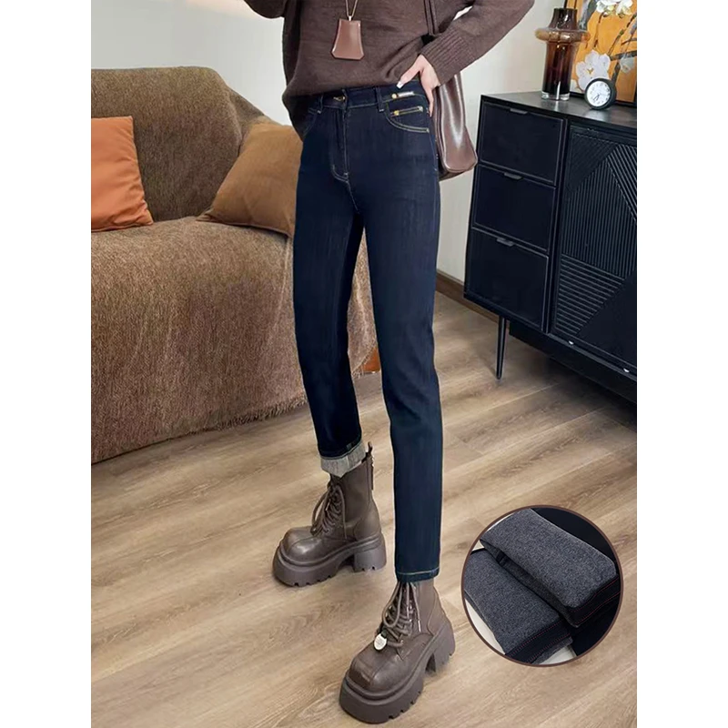 【华总高定】2024冬季植绒德绒丹宁蓝高腰小个子烟管牛仔裤女