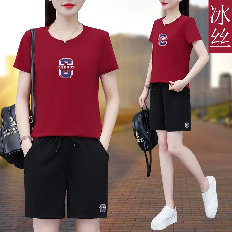 女士短裤套装女夏装2024新款中年妈妈洋气冰丝休闲运动