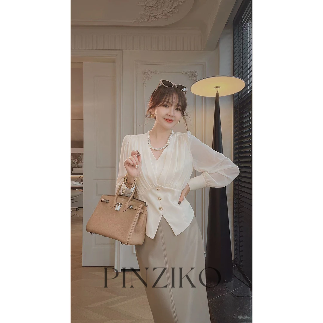 【PINZIKO女装】清秋美人~春季长袖百搭法式浪漫优雅时尚衬衫TJA446