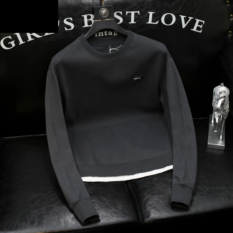 纯色假两件卫衣男士轻奢时尚百搭高档端潮牌修身薄款复古圆领卫衣