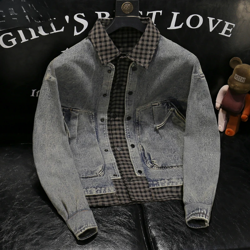 假两件翻领牛仔夹克外套男士春秋款轻奢高端潮牌修身休闲百搭夹克