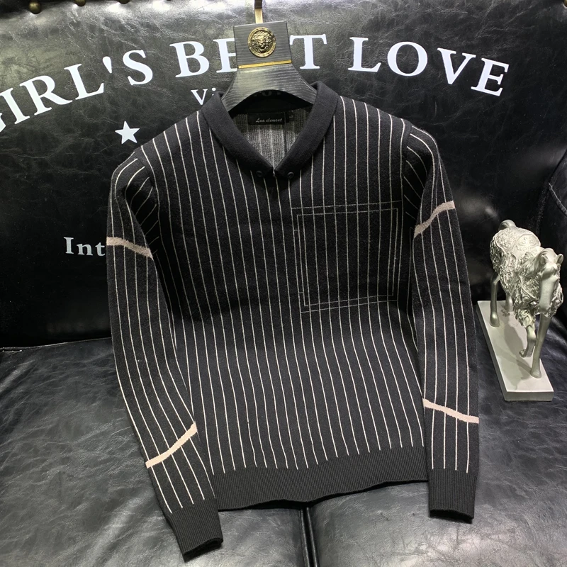 黑色V领长袖毛衣男士春秋冬轻奢新款爆款潮牌百搭时尚条纹针织衫