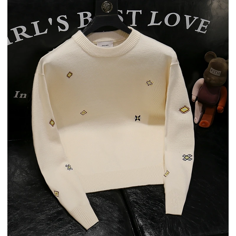 潮牌春秋新款潮牌男装时尚简约刺绣圆领毛衣痞帅休闲打底针织衫