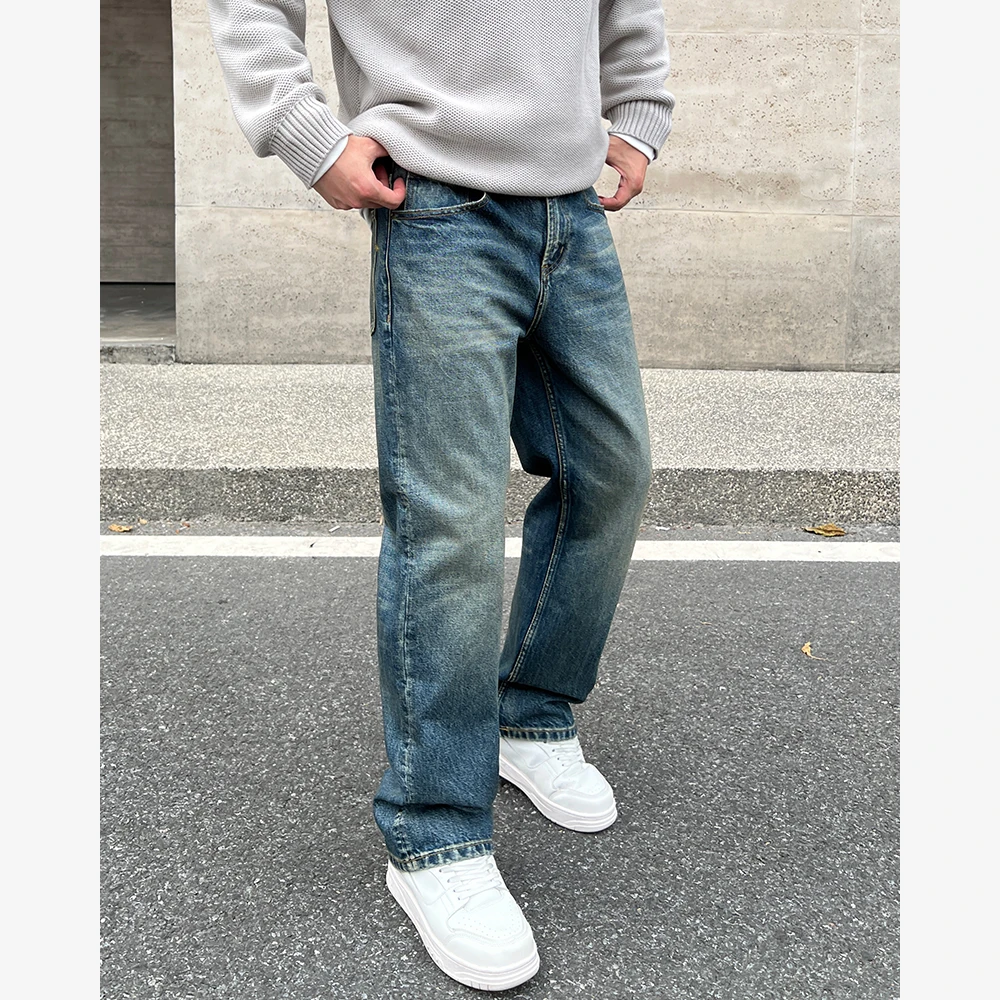 YIHAO STUDIO春季新款男士水洗蓝牛仔裤美式休闲直筒宽松做旧长裤