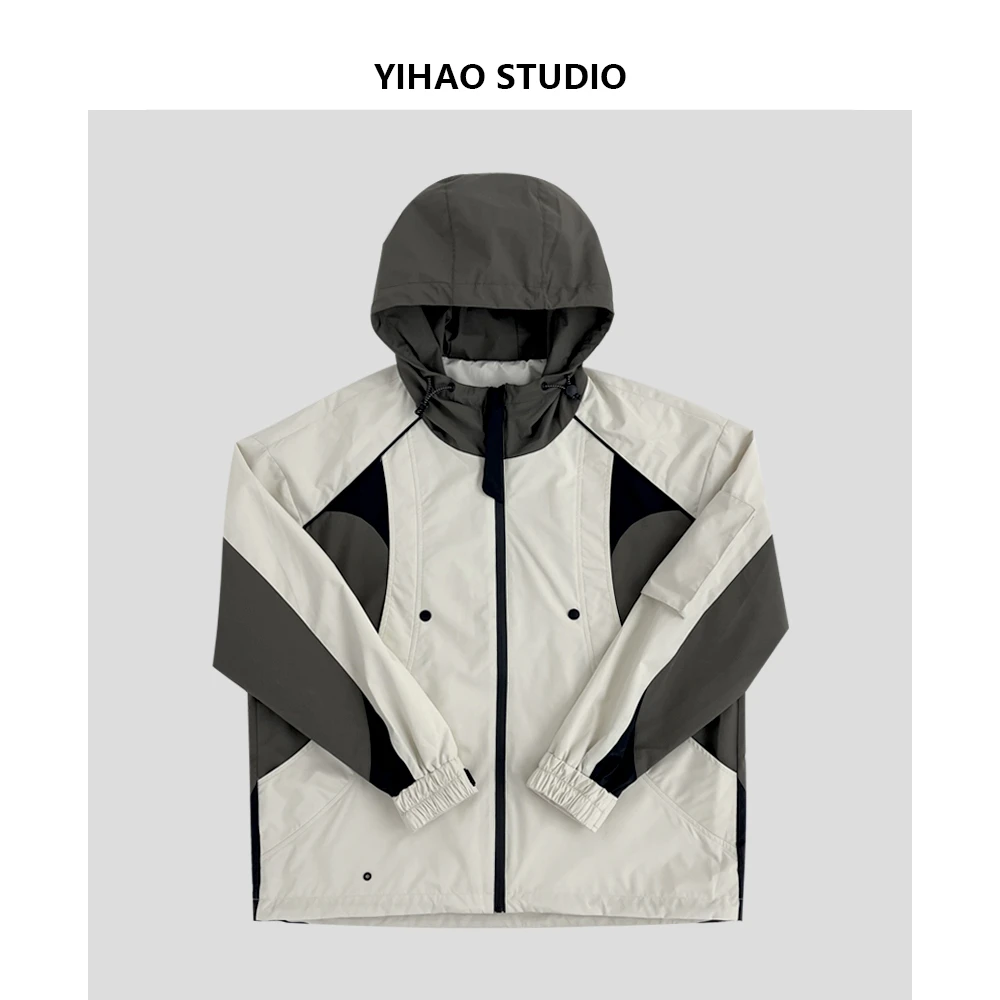 YIHAO STUDIO春季男士连帽夹克外套拼接撞色户外防水防风冲锋衣