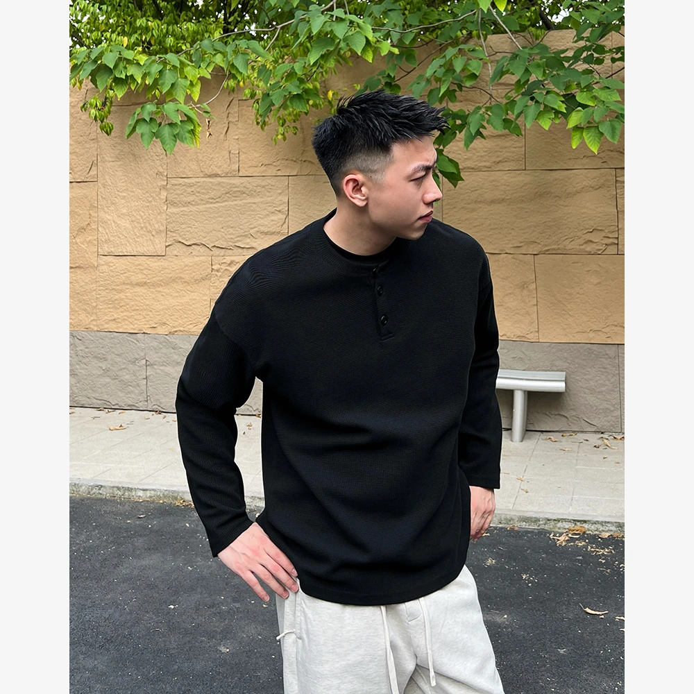 YIHAO STUDIO秋季男款圆领长袖T恤亨利领纯色华夫格打底休闲宽松