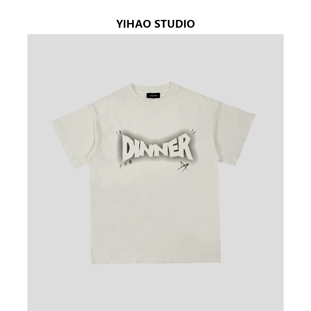 YIHAO STUDIO原创潮牌男士英文T恤美式水洗宽松休闲百搭圆领短袖
