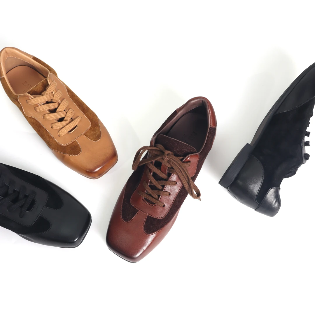 方头系带休闲鞋平底手工单鞋女2024秋冬马皮板鞋丑萌鞋子6503-1