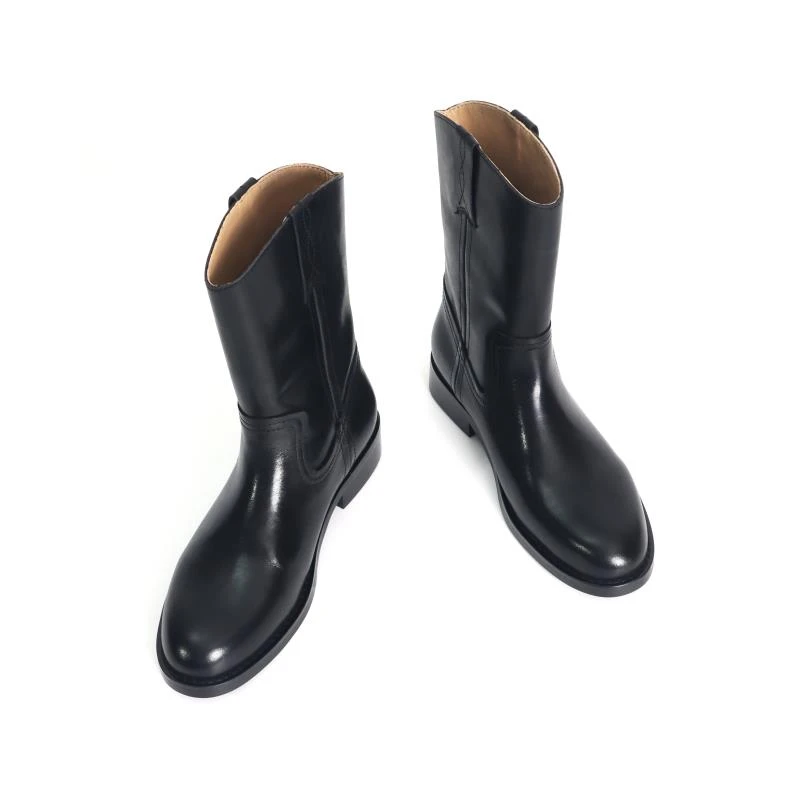 柔软小牛皮平底宽松女靴子中筒靴秋冬新款西部牛仔靴马丁靴919-6