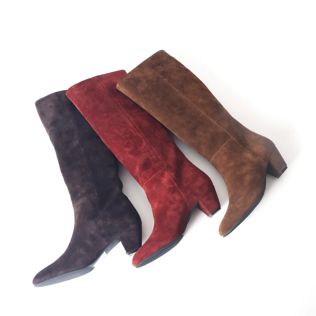 秋冬新款小个子牛皮长靴女高跟不过膝长筒靴粗跟高筒靴子女1035-8