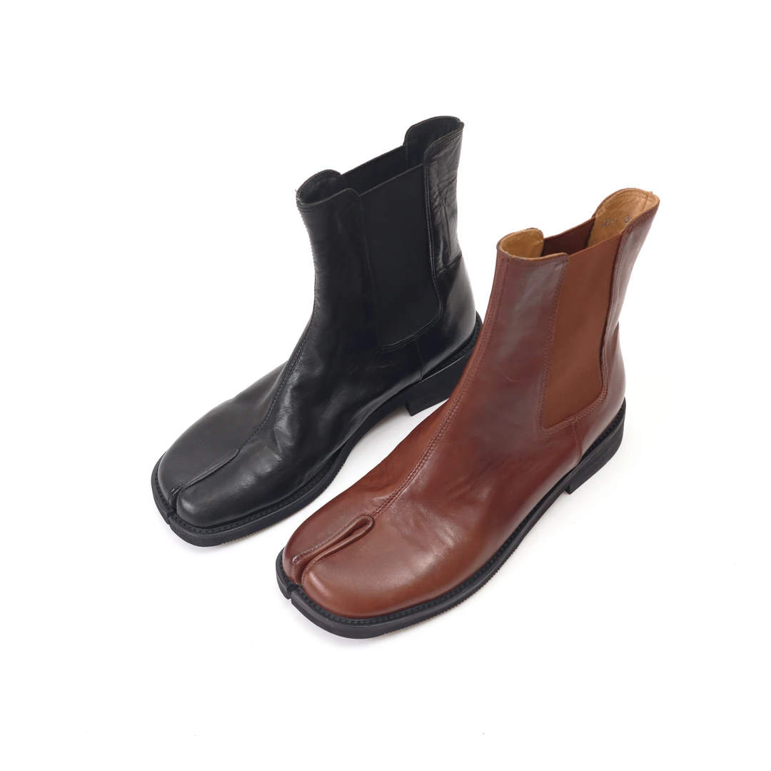 望前~弹力夹趾切尔西靴女英伦风复古分趾马皮短靴子猪蹄靴2302-1