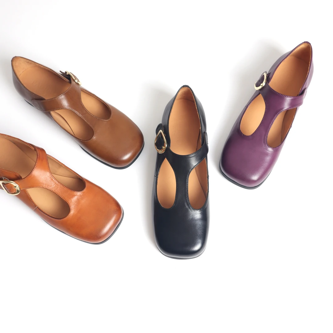 复古T字扣镂空小皮鞋牛皮平底平跟方头玛丽珍单鞋2715-1