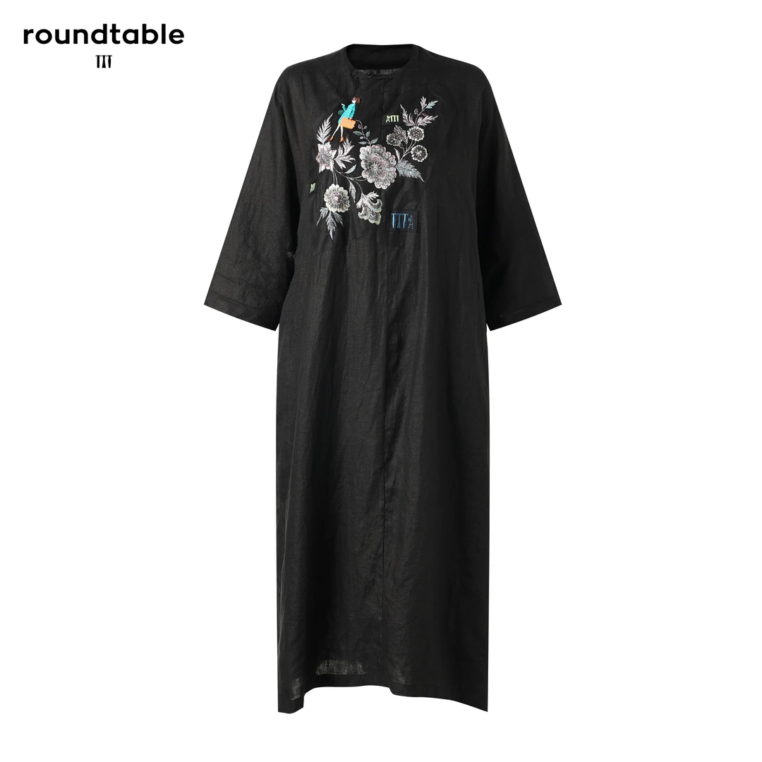TTT中式亚麻国风气质绣花黑色宽松设计师复古连衣裙TES2305437
