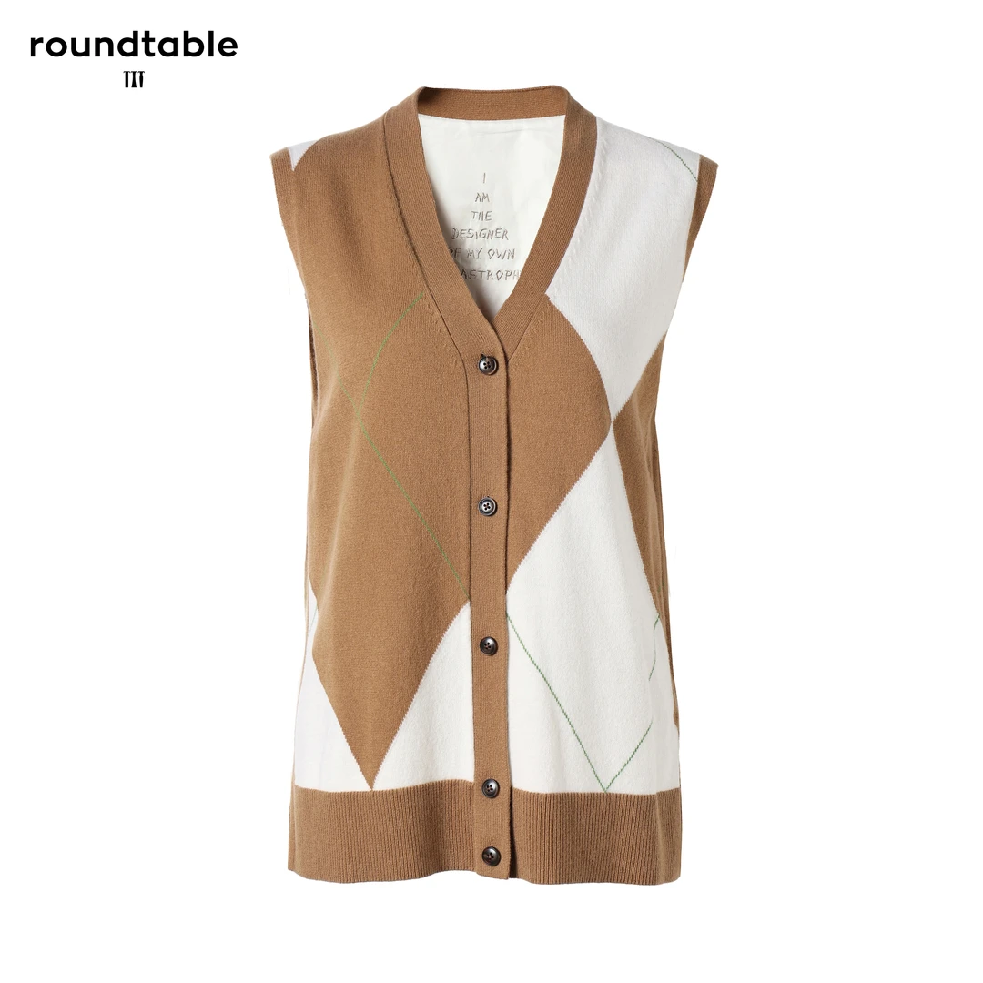 TTT 菱形秋冬文艺学院风格撞色拼接图案无袖背心 TCW7202946