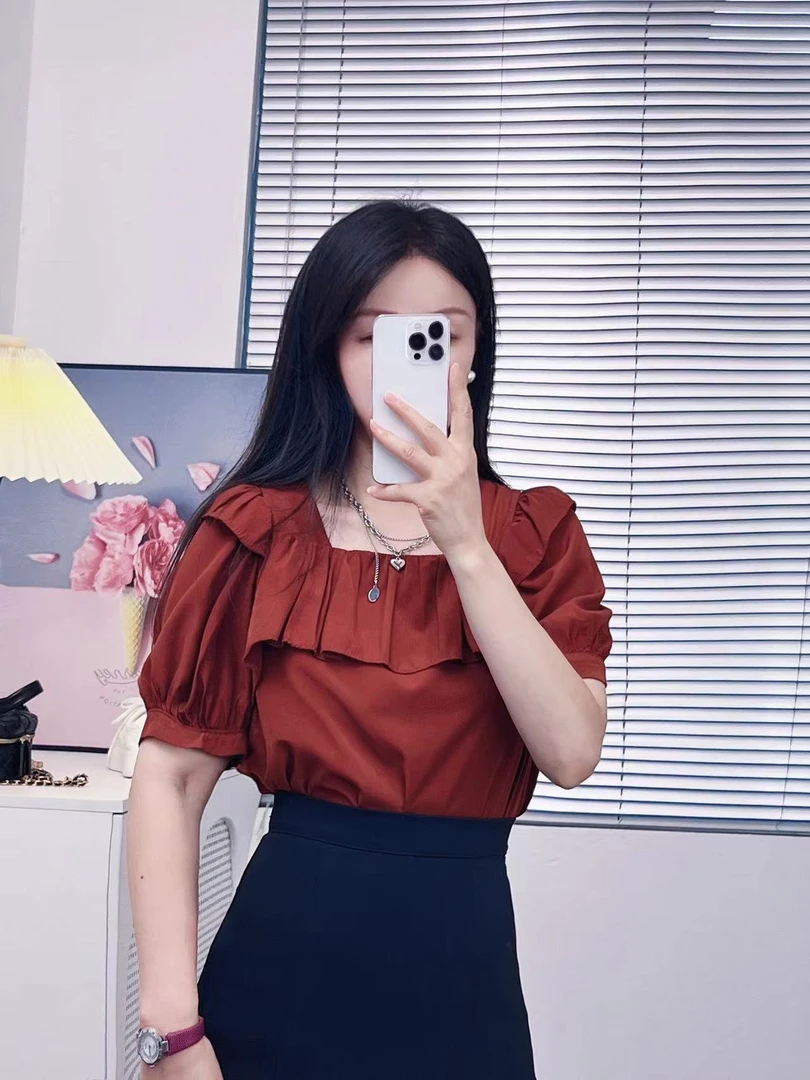 短袖衬衫女款夏季2024新款气质上衣纯色拼接荷叶边独特漂亮小衫